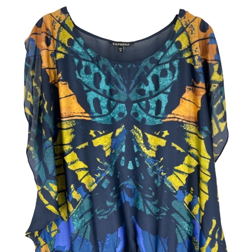 Vintage Express dress Butterfly Flowy silk top, Whimsigoth stretchy drop waist M